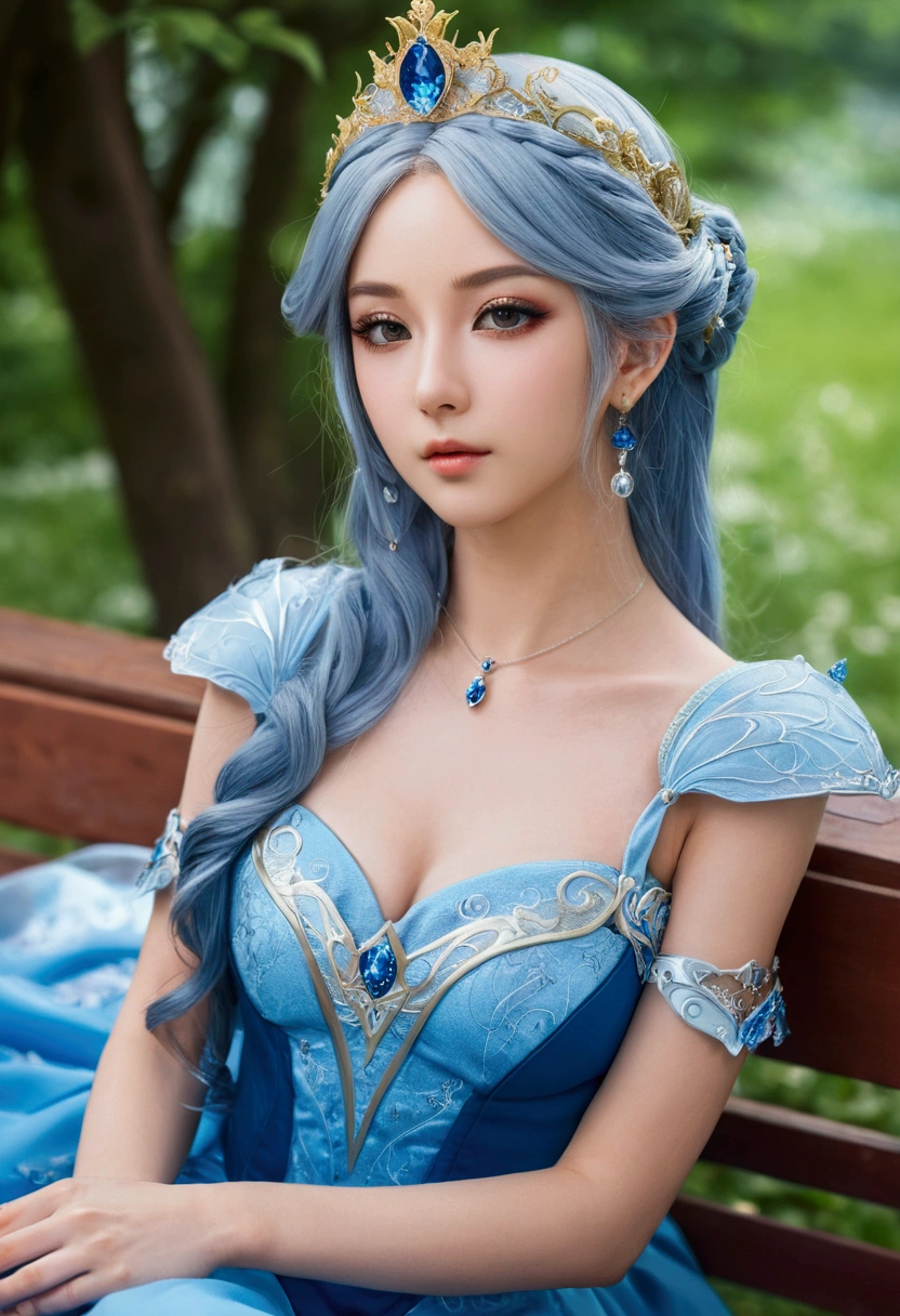 a close up of a woman in a blue dress sitting on a bench, anime goddess, ((a beautiful fantasy empress)), beautiful alluring anime woman, a beautiful fantasy empress, seductive anime girl, beautiful and elegant elf queen, beautiful anime woman, beautiful fantasy anime, fantasy dress, anime girl cosplay, beautiful fantasy maiden, beautiful goddess, fantasy beautiful, beautiful anime girl