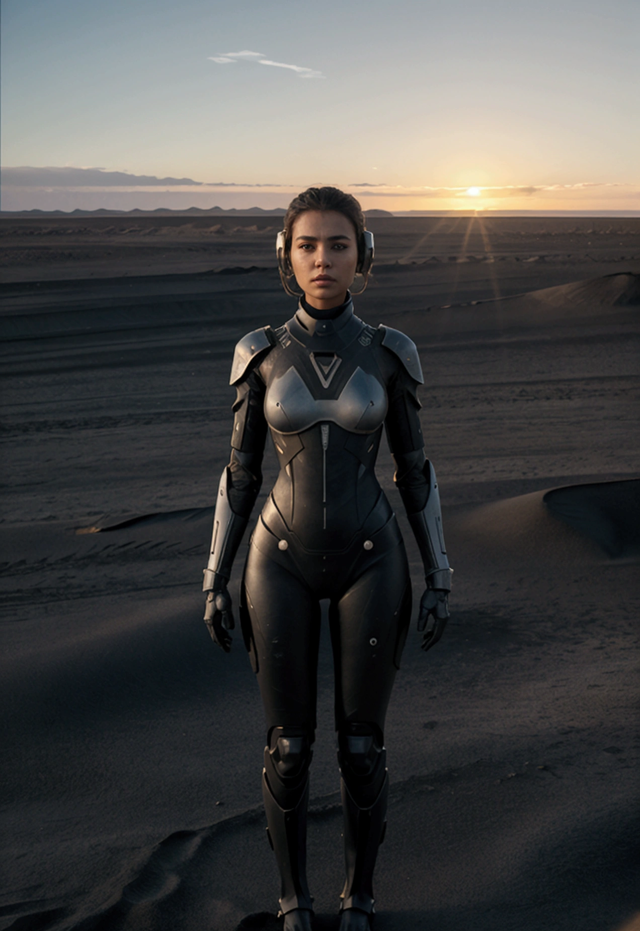 A supermodel short dress stands in the middle of a desert with black sand, the sun blazing in the clear sky above. The futuristic suit is sleek and armored, with reflective surfaces and built-in technology. Surrounding her are vast, endless dunes of dark sand stretching to the horizon, with occasional abandoned structures partially buried. The scene is stark and otherworldly, emphasizing both the harshness of the environment and the advanced nature of her equipment