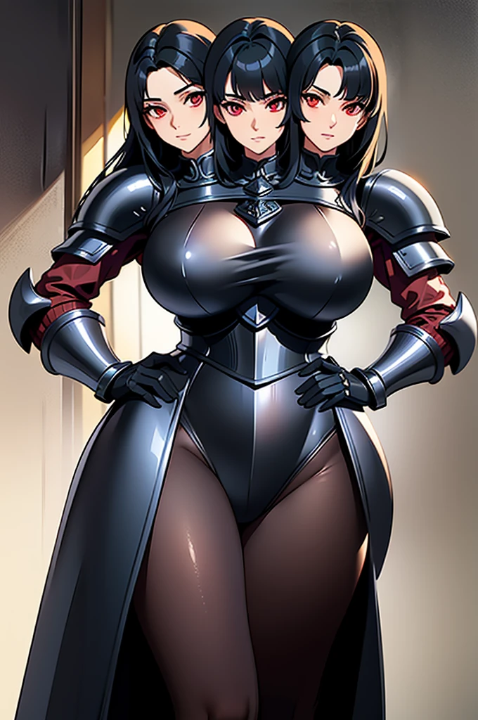 best quality, (masterpiece),(ultra-detailed), (high quality), (high resolution), (2heads:1.5) Gal, black hair, large , thighs, silver paladin armor, female paladin, fully armored, medieval outfit, red eyes, sword, armored chest piece, gorgeous female paladin, Guild Clothes with Armor