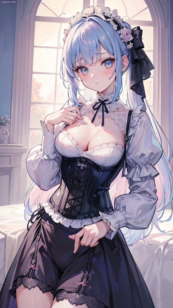 Realistic, (masterpiece:1.4, best quality), (intricate details), unity 8k wallpaper, ultra detailed, (pastel colors:1.3), (lace) underwear and corset, beautiful and aesthetic, 1girl, detailed, solo, Victorian mansion