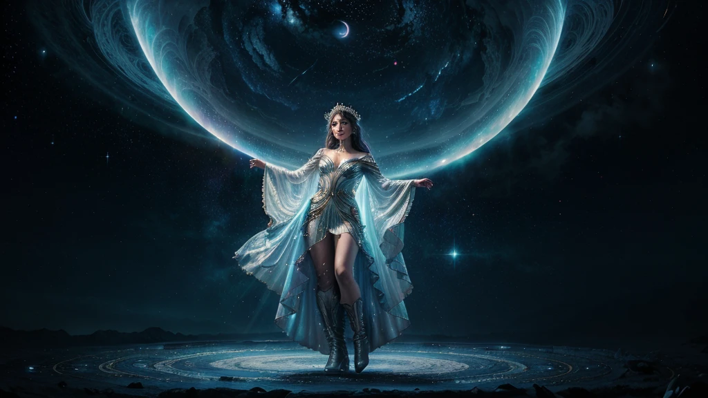 In a realm where galaxies collide and celestial clouds swirl, the ethereal enchantress Grace holds dominion. Her divine visage, framed by a halo of shimmering starlight tresses, radiates with the brilliance of a thousand cosmic furnaces. Grace's hair, woven from the very dust of shattered nebulae, flows weightlessly around her.
Eyes that gleam like the hearts of ancient stars gaze out at the universe, reflecting both wisdom and power. The enchantress is adorned in a majestic, floor-length gown crafted from the shimmering auroras of newly birthed worlds. The dress, with its high neckline and long sleeves, envelops her form completely, its fabric rippling like the whorls of distant galaxies.
A celestial cloak, embroidered with constellations, drapes over her shoulders and cascades down her back. As she moves, the cloak shimmers and shifts, mirroring the dance of solar flares. Her feet are clad in boots that seem forged from stardust and meteorite.
Fully clothed in her regal attire, Grace stands as the epitome of cosmic elegance. With each graceful movement, stardust swirls in her wake, crowning her as the sovereign of the celestial spheres. Her presence commands reverence, embodying the awe-inspiring beauty and mystery of the universe itself.