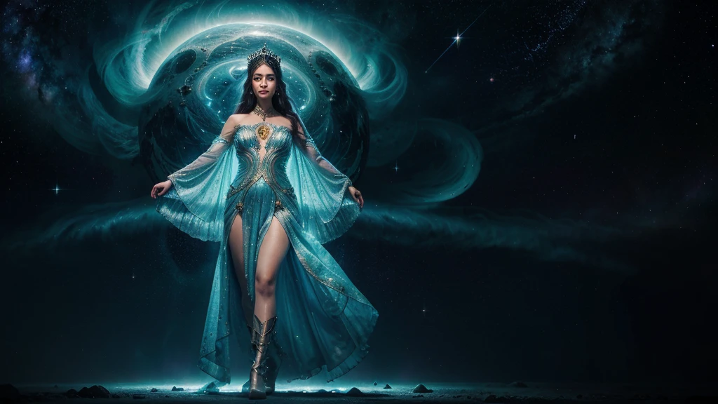 In a realm where galaxies collide and celestial clouds swirl, the ethereal enchantress Grace holds dominion. Her divine visage, framed by a halo of shimmering starlight tresses, radiates with the brilliance of a thousand cosmic furnaces. Grace's hair, woven from the very dust of shattered nebulae, flows weightlessly around her.
Eyes that gleam like the hearts of ancient stars gaze out at the universe, reflecting both wisdom and power. The enchantress is adorned in a majestic, floor-length gown crafted from the shimmering auroras of newly birthed worlds. The dress, with its high neckline and long sleeves, envelops her form completely, its fabric rippling like the whorls of distant galaxies.
A celestial cloak, embroidered with constellations, drapes over her shoulders and cascades down her back. As she moves, the cloak shimmers and shifts, mirroring the dance of solar flares. Her feet are clad in boots that seem forged from stardust and meteorite.
Fully clothed in her regal attire, Grace stands as the epitome of cosmic elegance. With each graceful movement, stardust swirls in her wake, crowning her as the sovereign of the celestial spheres. Her presence commands reverence, embodying the awe-inspiring beauty and mystery of the universe itself.