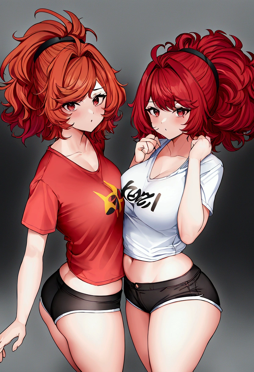 short, redheadwear, big hair that reaches the ass and straight, big brown eyes, big-ass, smallbreast, wearing very short shorts and a shirt that reaches the chest with Harl written on it.