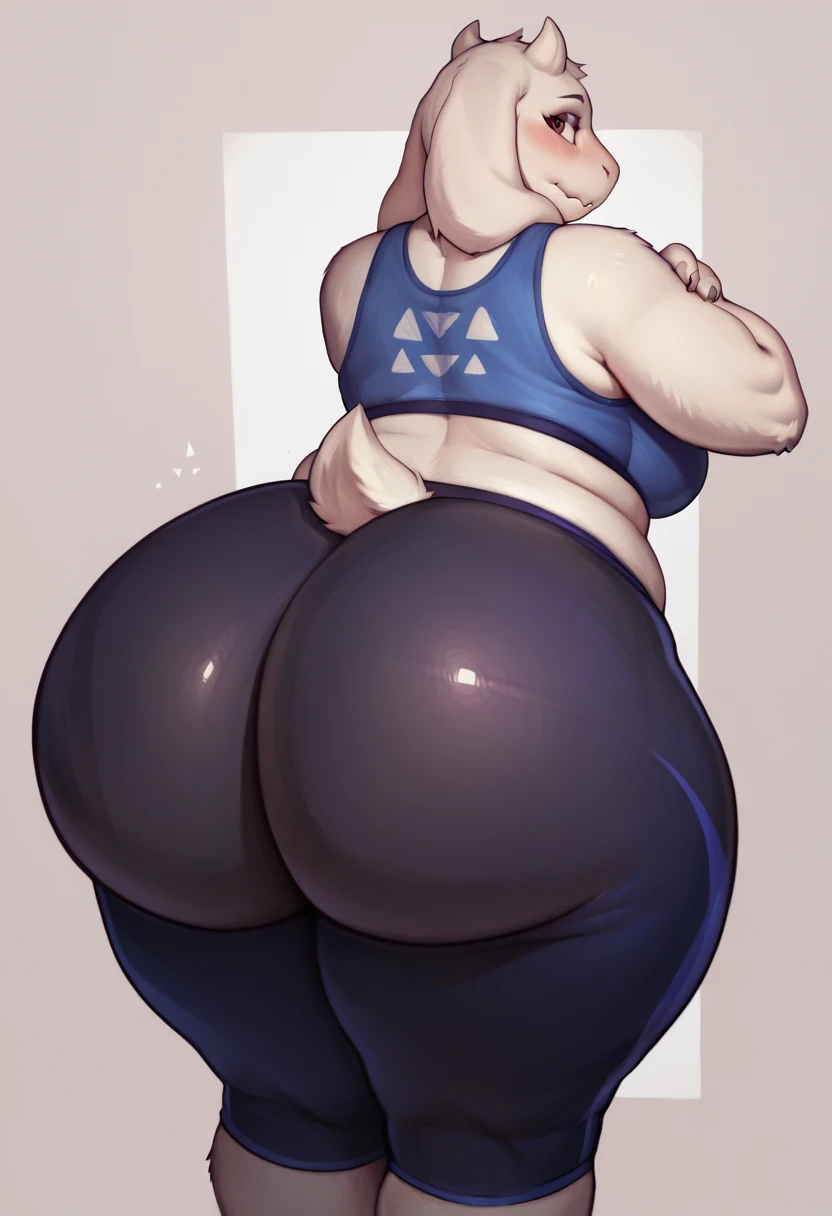 score_9, score_8_up, score_7_up, score_6_up, source_furry, solo, white fur, toriel, best quality masterpiece, overweight , bike shorts, sports bra, (huge butt:1.4), blush,