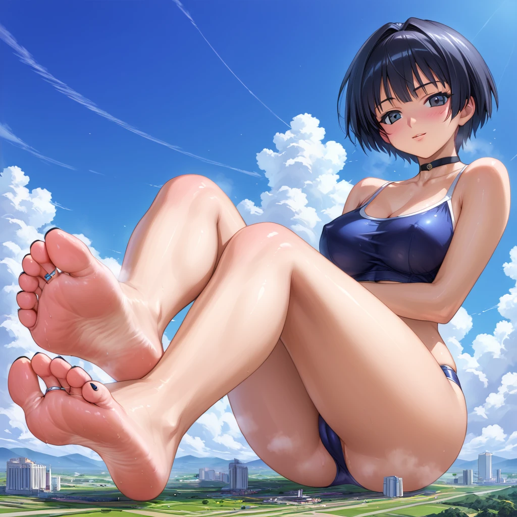 (90s anime style:1.4)、score_10, score_9_Excellent, score_8_Excellent, One Girl, Black Hair, Black Sky Eyes, short hair, Black Choker, macro Giant, throw, Crossing your legs, Feet Focus, Very detailed, 32k, Very detailed feet, Black nails, High Sole, Toe Ring, High Arch, Greek Toe, Wrinkled soles, Giant, Focus on the feet, I rested my feet, Very detailed drawing, super high quality, Musk on your feet, Musk scented feet, Hyperrealism, Realistic
