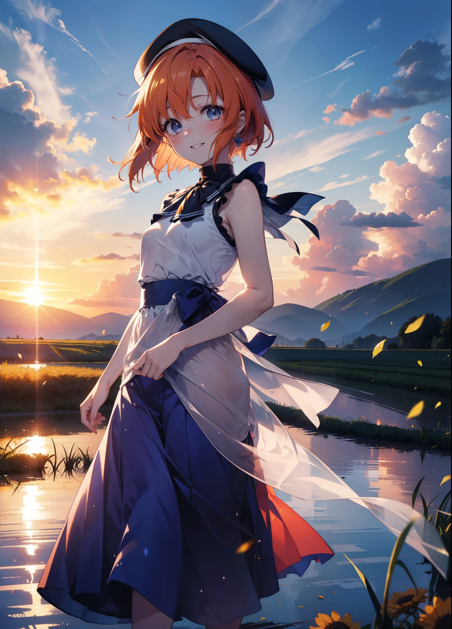 kidney, Rena Ryuuguu, Orange Hair, short hair, blue eyes, smile, blush,Grin,(Small breasts:1.2),beret,Sleeveless dress,Long skirt,Heeled Sandals,morning,morning陽,The sun is rising,Paddy field,walking,whole bodyがイラストに入る,
壊す looking at viewer,whole body,
Destroy outdoors, Destroy the countryside (masterpiece:1.2), Highest quality, High resolution, unity 8k wallpaper, (shape:0.8), (Beautiful attention to detail:1.6), Highly detailed face, Perfect lighting, Extremely detailed CG, (Perfect hands, Perfect Anatomy),