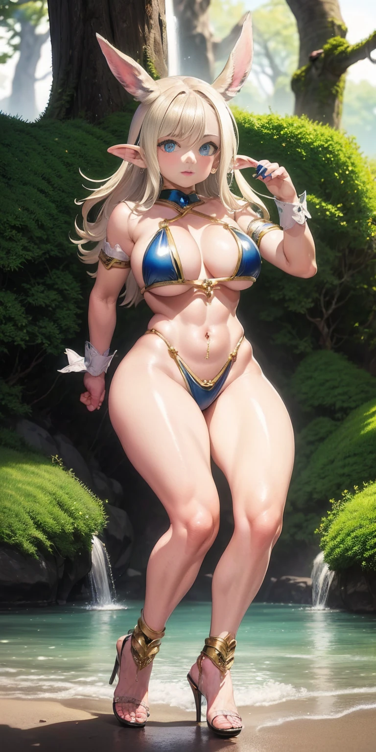 Extremely detailed Artgerm style: This sets the overall artistic style with a high level of detail. Fantasy art: This specifies the genre. Goddess of the treen forest: This defines the character's role and gives context to the setting. Woman with long, elf ears: This incorporates the elf features. Black skin: This specifies the character's race. Ornate bikini armor: This combines the skimpy clothing with a fantastical, protective element. Blue high heels standing straight symmetrical: This suggests the color of the bikini and potentially the water body. Long, messy blonde hair: This adds a detail that contrasts the Artgerm style, which is typically more polished for hair.