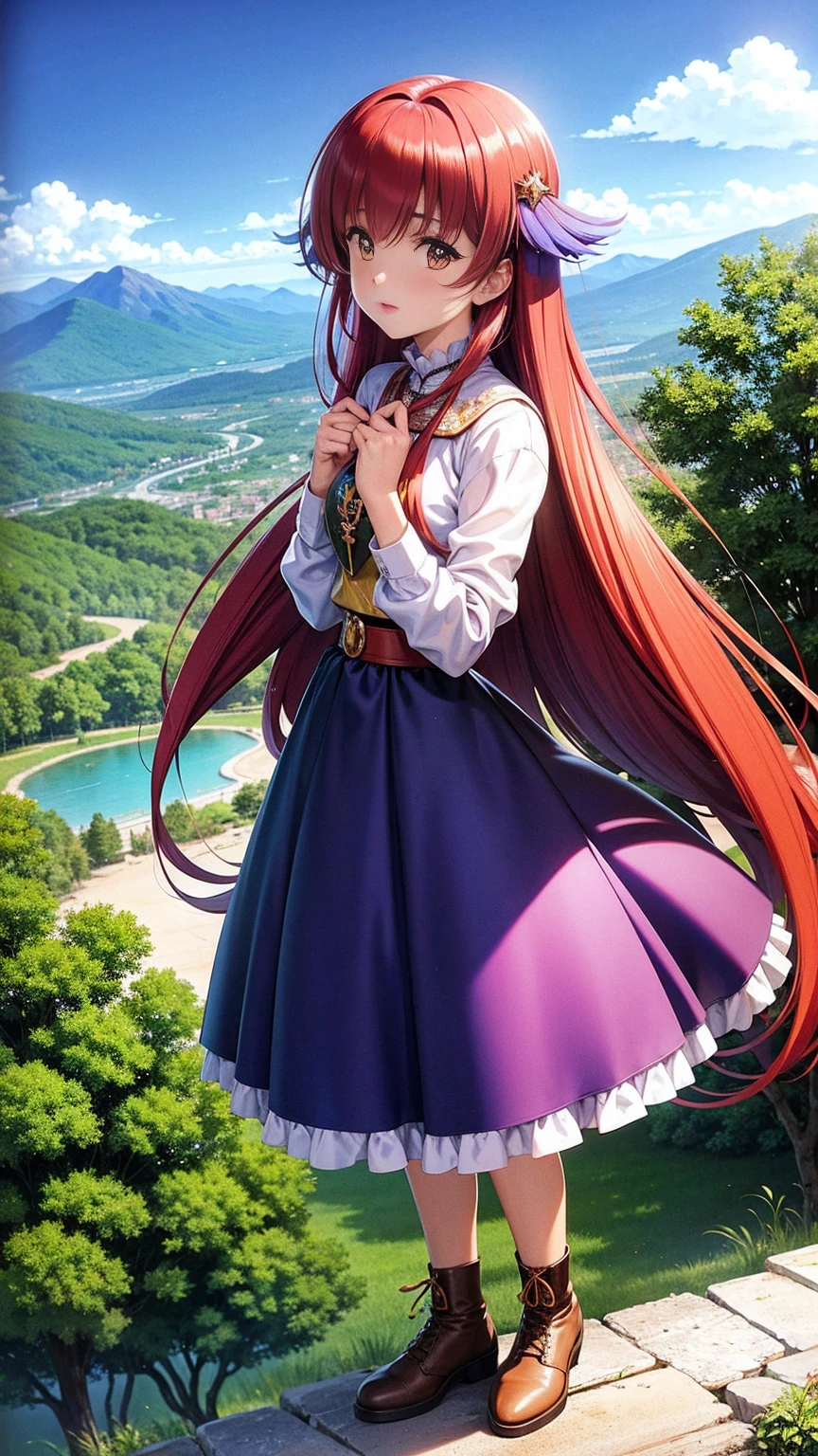 anime-style illustration, a young woman standing  overlooks the vast expanse of clear blue sky and underneath a large valley mountain, flower colorful color blue red green purple yellow, fantasy world medieval, rocks, tree branches, fallen leaves, birds, The scene is depicted in a highly saturated and vibrant style, intense and rich COLORS VIVID, strong exaggerated colors, , dramatic lighting, epic, majestic, awe-inspiring, mystical, ethereal, The sky above is clear blue sky, The atmosphere is full of magical color films, High Detail.