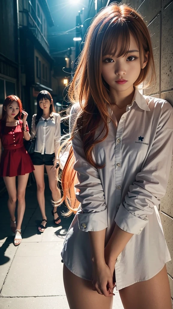 (Natural strawberry blonde and redhead girls with pretty faces), Cute pose, wearing a button shirt,  body, skinny, Atmospheric, Dark atmosphere, Edge lighting, Sayaka Yamamoto, Saito Asuka, Mao Akiyama&#39;s facial features, 8K, Full body portrait, Elegant outfit, Natural light, Spooky greenhouse at night, Sharp focus, (Highly detailed eyes and face, Professional photography techniques), (Beautiful small face, beautiful girl, high school student, Idol Face, Baby Face:1.4), smile, Happy, K UHD, Hmph, Beautiful and soft skin, Vibrant Skin, blush, (Chirarizum:1.3, Unbutton your shirt:1.5), ((Beautiful breasts, Cleavage)), (Small beautiful butt), (Detailed hands:1.2, The optimal ratio is four fingers to one thumb), Perfect proportions, (Perfect Anatomy:1.3), (Highest quality, Masterpiece, Highest quality, Ultra high definition, Photorealism:1.4), ((お互いのbodyに触れ合う:1.2)), (Detailed Background:1.4)