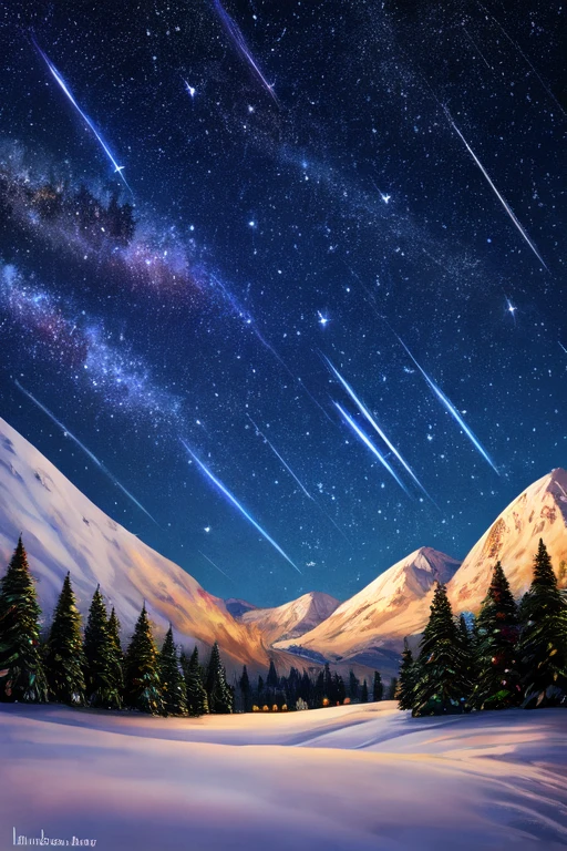 Christmas landscape and shooting stars