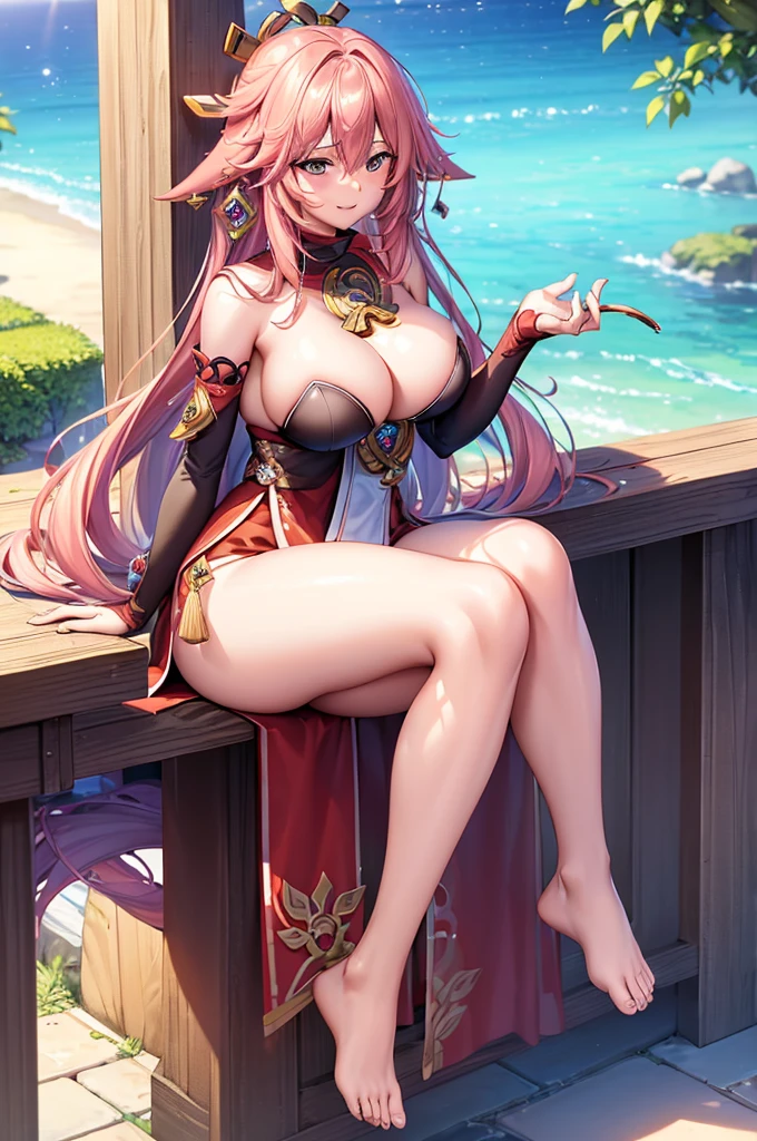 ((masterpiece)),((Highest quality)),High resolution,Extremely detailed CG,Perfect lighting,8k wallpaper,yae miko\(genshin impact\) 、One Girl,Very long hair、Very large breasts、very thick legs、barefoot、smile、Fascinating face、bikini