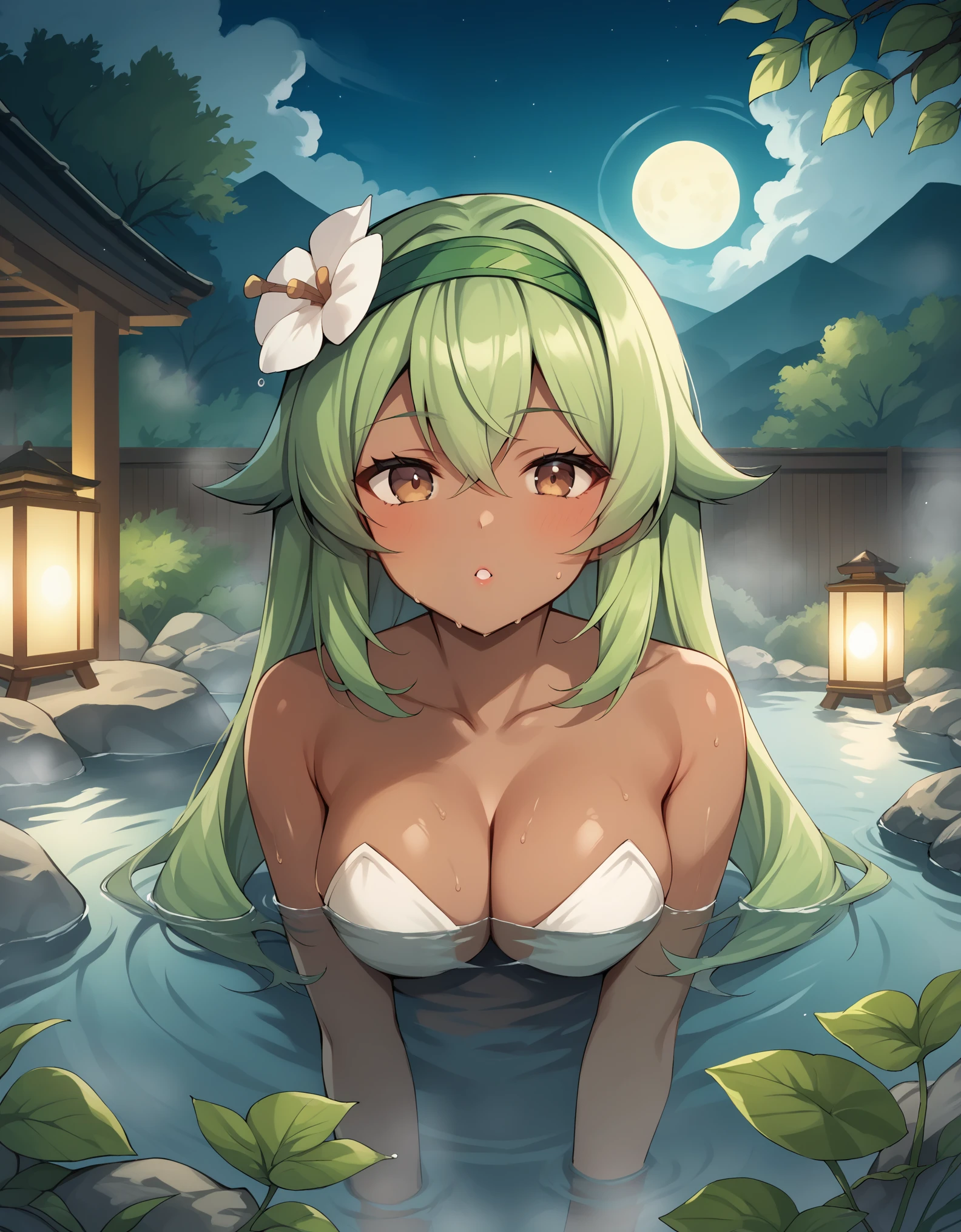 score_9, score_8_up, score_7_up, anime screenshot, looking at viewer, clouds 1girl, SadidaDG, amalia sheran sharm, green hair, green hairband, hair ornament, hair flower, dark skin, brown eyes,, onsen, water, thermal source, submerged, steam, outdoors, rocks, bushes, grass, night, lantern, looking at viewer, sweating