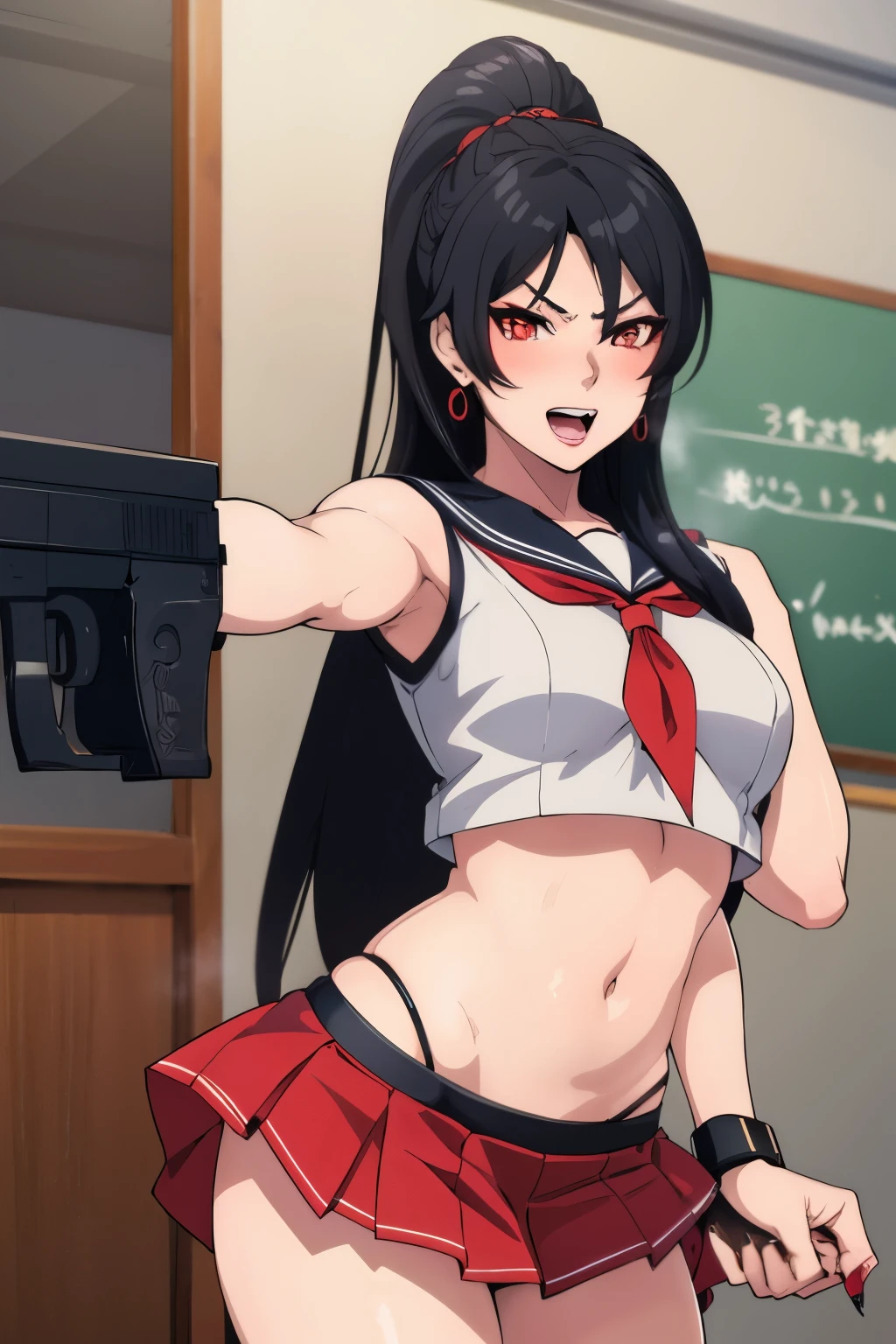 momiji, long hair, blush, lipstick, jewelry, earrings, Hot girl, baddie, staring, glaring, bad attitude, mean girl, dare, angry, hate, crazy, smoking, sensual, attractive , blush, lipstick, masterpiece, best quality, highly detailed, a anime girls in sailor uniforms with a gun posing for a picture,
evil smile, smile, open mouth,black_serafuku, ecchi anime style, anime girls , (nsfw) not safe for work,
ecchi style, ecchi, shipgirls, digital anime art!!, high school girls, holding a gun, hold a gun, anime style 4
k, micro skirt, exposed belly, exposed navel, exposed midriff,
exposed lower belly,school, classroom