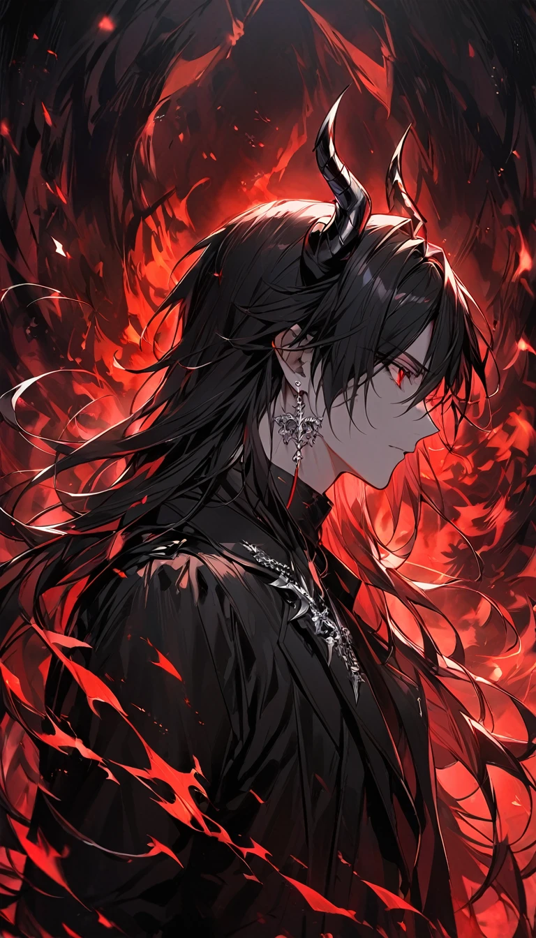 alone, good looking, 1 male, Long hair, Middle parted, Black hair, Red eyes, Black shirt, White Thailand, Black Trench Coat, Royal Silver Jewellery, Royal Demon Earrings, Black horns, Demon Crown, Demonic Black flames Aura, Side profile, fallen angel, melancholy