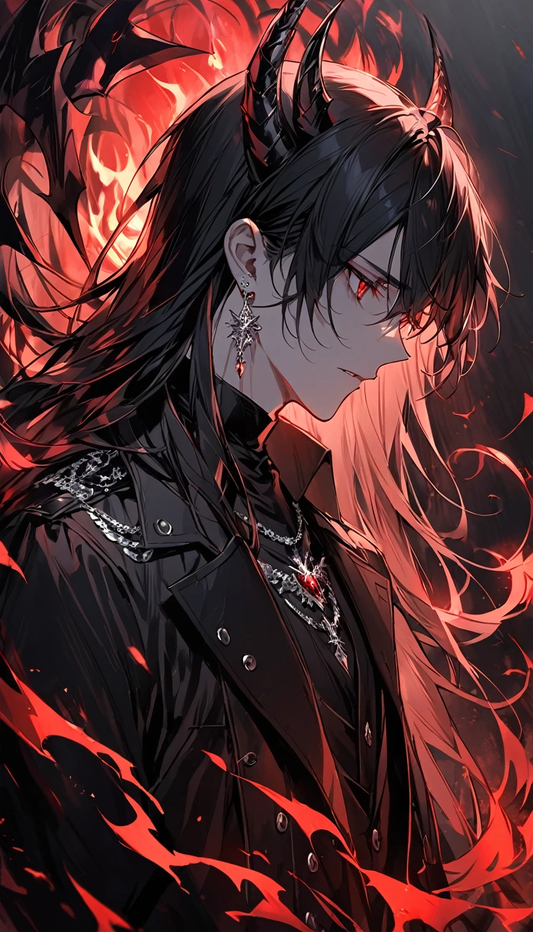 alone, good looking, 1 male, Long hair, Middle parted, Black hair, Red eyes, Black shirt, White Thailand, Black Trench Coat, Royal Silver Jewellery, Royal Demon Earrings, Black horns, Demon Crown, Demonic Black flames Aura, Side profile, fallen angel, melancholy