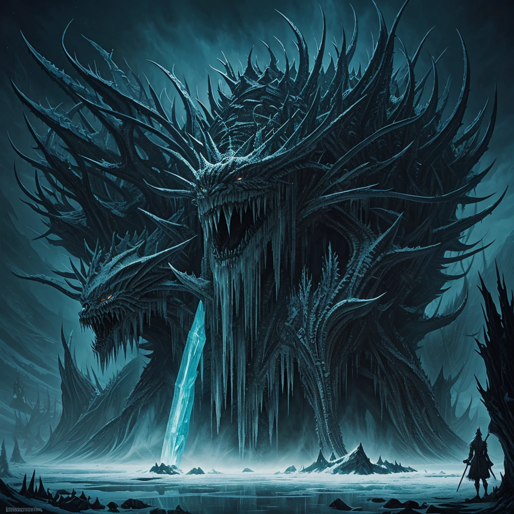 Ice horror goddes, scary dark face, a lot of ice, ice spikes, ice horrific creatures, cold magic, seb mckinnon, peter mohrbacher, storybook illustration, digital painting, eldritch, complex, meticulous, john kenn mortensen, ivan shishkin, gustave dore