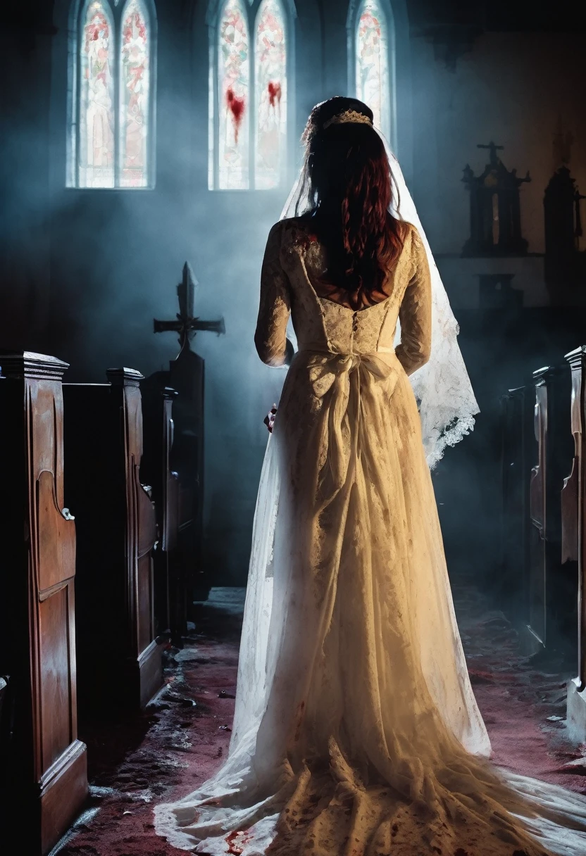 A ghost bride from the 60s with a bloody ax in her hands with her back looking back out of the corner of her eye in a church scene from a horror film, poster At night