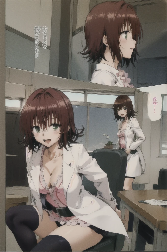 masterpiece, best quality, highres, aaryouko, short hair, cleavage, pink shirt, labcoat, belt, miniskirt, black skirt, black thighhighs, indoors, sitting, chair, smile, open mouth,