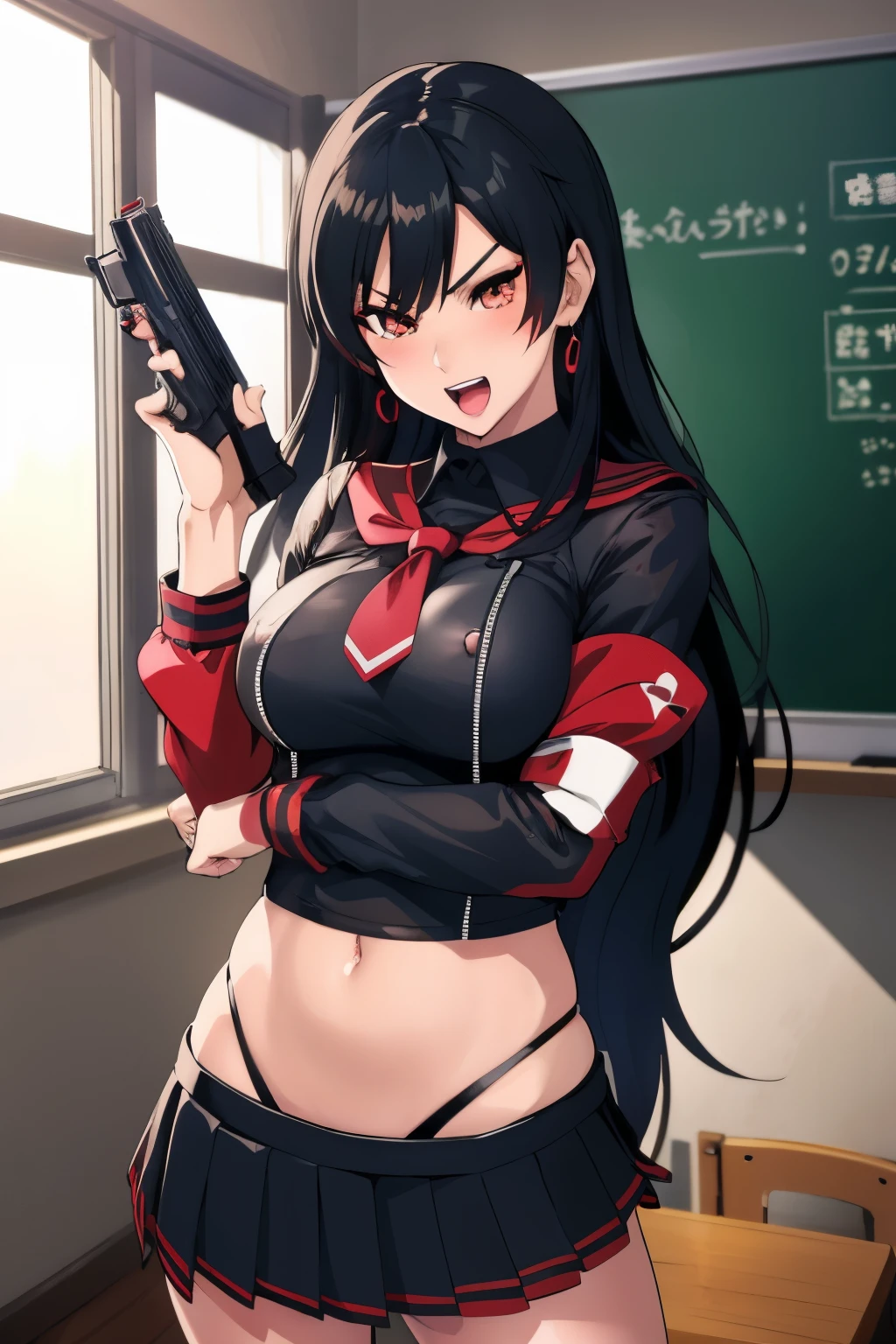 momiji, long hair, blush, lipstick, jewelry, earrings, Hot girl, baddie, staring, glaring, bad attitude, mean girl, dare, angry, hate, crazy, smoking, sensual, attractive , blush, lipstick, masterpiece, best quality, highly detailed, a anime girls in sailor uniforms with a gun posing for a picture,
evil smile, smile, open mouth,black_serafuku, ecchi anime style, anime girls , (nsfw) not safe for work,
ecchi style, ecchi, shipgirls, digital anime art!!, high school girls, holding a gun, hold a gun, anime style 4
k, micro skirt, exposed belly, exposed navel, exposed midriff,
exposed lower belly,school, classroom