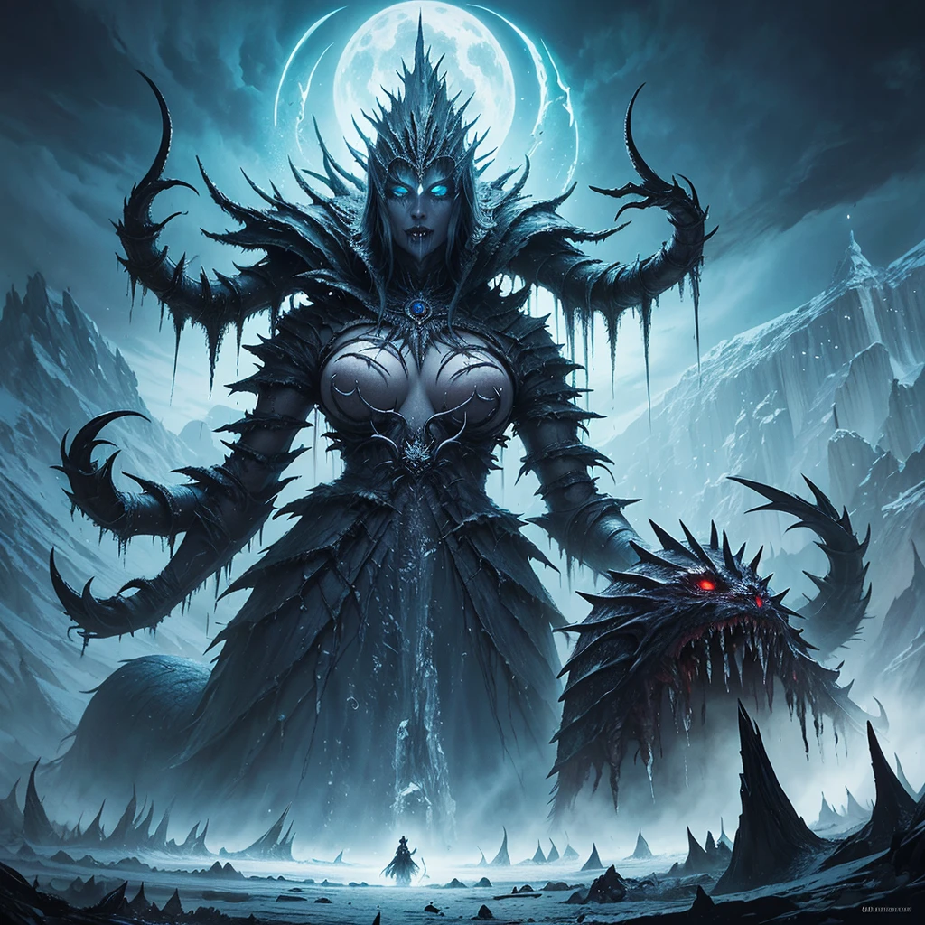 Ice horror goddes, scary dark face, a lot of ice, ice spikes, ice horrific creatures, cold magic, seb mckinnon, peter mohrbacher, storybook illustration, digital painting, eldritch, complex, meticulous, john kenn mortensen, ivan shishkin, gustave dore