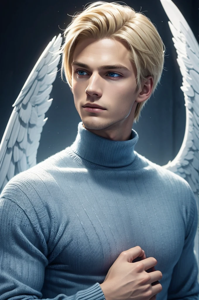 young man with blonde hair combed back. With dark and serious blue eyes, he has multiple diagonal scars that go from one side of his face to the other as if they were scratches. The expression on his face is serene and contemplative. He wears a blue turtleneck sweater with long sleeves that cover his hands. Large white wings extend from his back, like those of an angel.