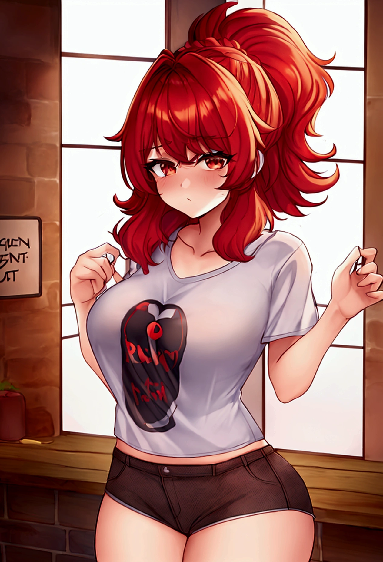 1 garota, short, redheadwear, big hair that reaches the ass and straight, big brown eyes, big-ass, smallbreast, wearing very short shorts and a shirt that reaches the chest with Harl written on it.(best 4k quality, vivid colors)