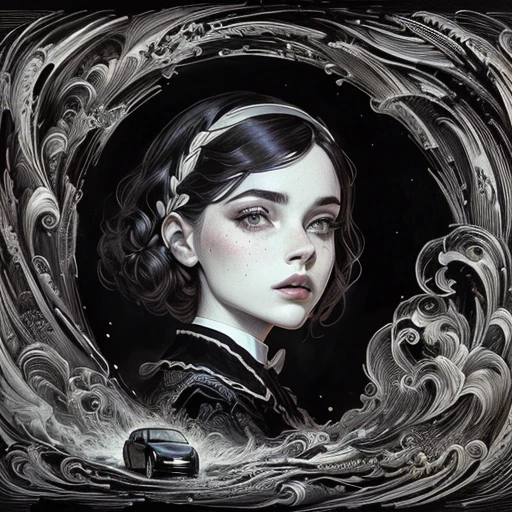 a black and white drawing of a woman with a car in the background, dreamlike stanley kubrick, wednesday addams, by Santiago Martínez Delgado, bagshaw art style, official illustration, dark but detailed digital art, by Lennie Lee, bold intricate ink illustration, mcbess illustration, black and white illustration, masterful intricate artwork, intricate charcoal illustration