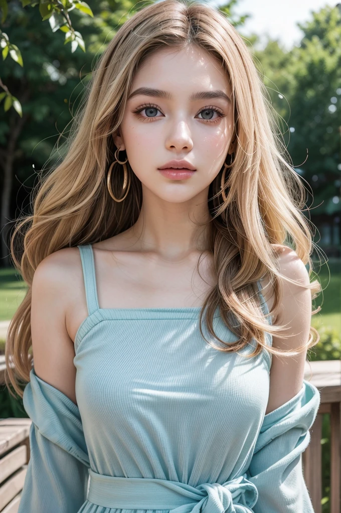 "Generate a highly realistic image of a young woman named Sofia Oliveira. Sofia is 19 years old, Caucasian, stands at 170 cm tall, and has a slender figure. She has long wavy blonde hair cascading down to her waist. Her eyes are large, light blue in color, with long curved lashes. Her face is oval-shaped with delicate, symmetrical features, arched and well-defined eyebrows, a small straight nose, and full pink lips. Her skin is fair, with a smooth and even texture and a healthy glow. Sofia is dressed in an elegant summer dress in a pastel shade, specifically light blue, which complements her natural beauty. She wears small delicate earrings as her only accessory. The background of the image is blurred, suggesting an outdoor setting like a blooming garden or sunny park."