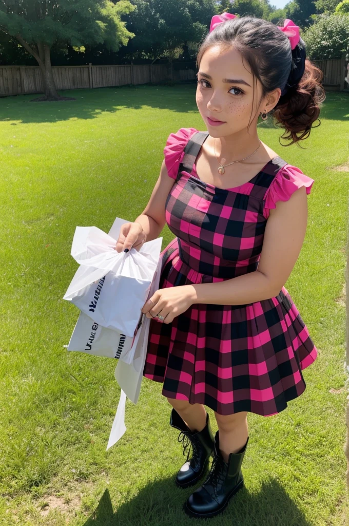 A Woman 30 years old, modelo midsize, Oval face, freckles, curly hair tied with dark red ponytail, wearing a pink and black checkered June party dress and black leather combat boots. looking straight ahead. A birthday party on a lawn, decorated with white and black checkered June party flags. Typical clothes refer to the traditions of Brazilian June festivals. the night