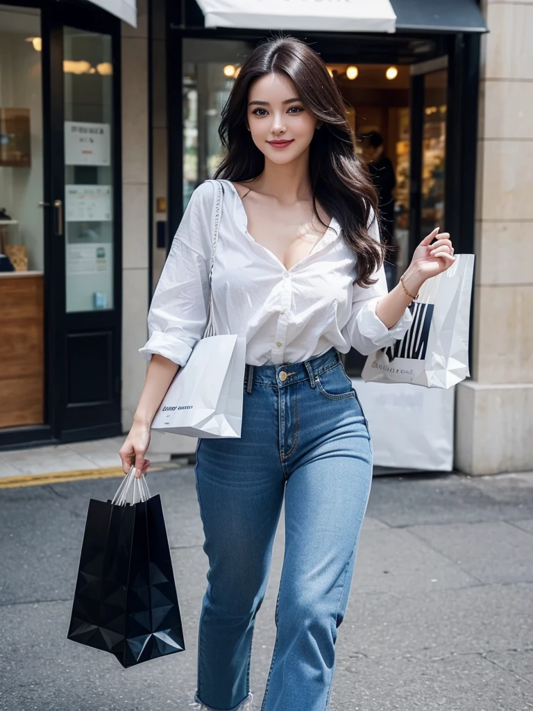 (((Full body image of a woman))), Instagram Model . Full body portrait of a fashion model, Glamour, Long black wavy hair, (((Bright Blue Eyes))), Mischievous Smile, Very detailed顔, Very fine grain. Large chest. ((Skin-tight denim jeans)),((White cotton shirt, unbuttoned to show chestの谷間)), Mid height heels, ((Handbags, Shopping bag)). shopping, ((Browse women's underwear at a lingerie store)). chest, chestの谷間, Bokeh, 8K, high quality, masterpiece, 最high quality, High resolution, Very detailed, Volumetric lighting, Realistic. (((3/4. Rear view, Perfect little ass, back of head, No Face)))