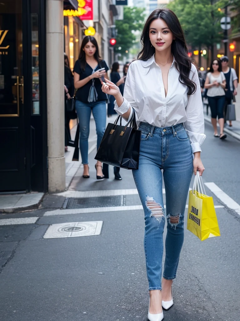 (((Full body image of a woman))), Instagram Model . Full body portrait of a fashion model, Glamour, Long black wavy hair, (((Bright Blue Eyes))), Mischievous Smile, Very detailed顔, Very fine grain. Large chest. ((Skin-tight denim jeans)),((White cotton shirt, unbuttoned to show chestの谷間)), Mid height heels, ((Handbags, Shopping bag)). shopping, ((Browse women&#39;s underwear at a lingerie store)). chest, chestの谷間, Bokeh, 8K, high quality, masterpiece, 最high quality, High resolution, Very detailed, Volumetric lighting, Realistic. (((3/4. Rear view, Perfect little ass, back of head, No Face)))