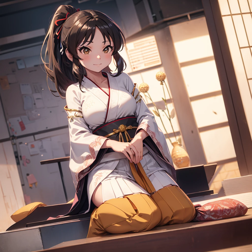 1girl, solo, long hair, breasts, looking at viewer, blush, smile, bangs, skirt, large breasts, simple background, black hair, hair ornament, thighhighs, long sleeves, white background, brown eyes, closed mouth, collarbone, yellow eyes, ponytail, heart, sidelocks, thighs, japanese clothes, wide sleeves, kimono, white thighhighs, zettai ryouiki, sash, obi, high ponytail, hand on own chest, ribbon trim, hakama, hakama skirt, white kimono, miko, hakama short skirt