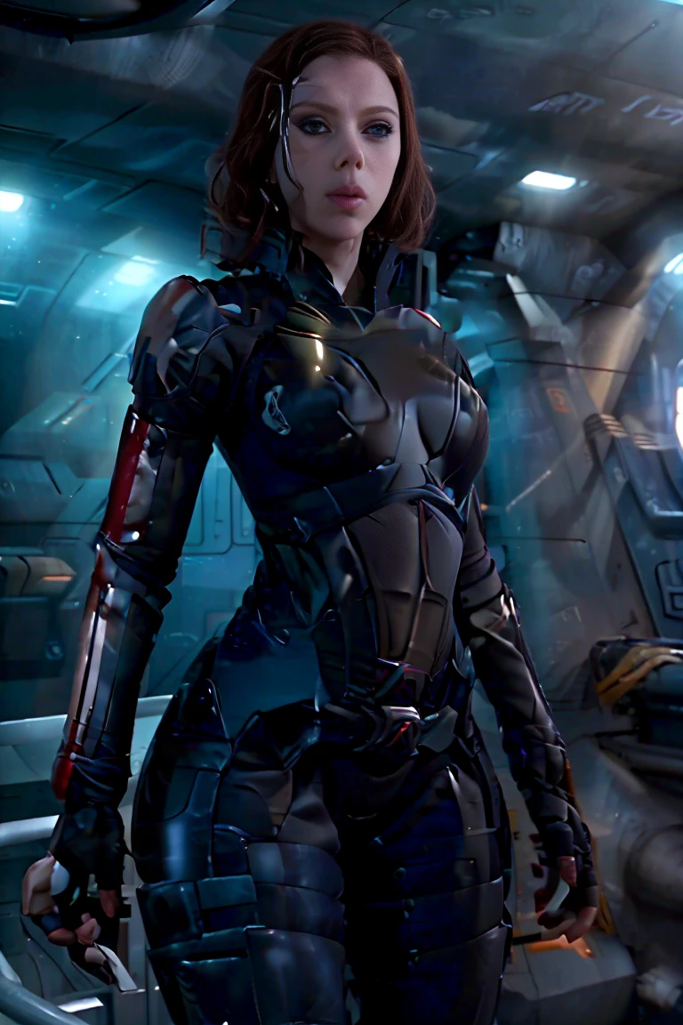 ((best quality)), ((masterpiece)), ((Scarlett Johansson)) (detailed), perfect face, playful 20 year old woman, Sensual pose. Inside a spaceship, wearing highly detailed futuristic skimpy mass effect armor, grandes senos, cintura pequeña, grandes caderas, desnuda.