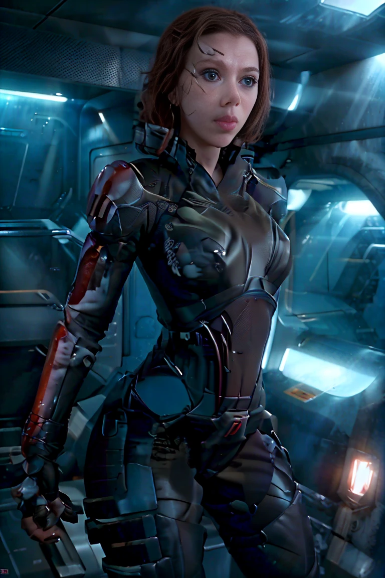 ((best quality)), ((masterpiece)), ((Scarlett Johansson)) (detailed), perfect face, playful 20 year old woman, Sensual pose. Inside a spaceship, wearing highly detailed futuristic skimpy mass effect armor, grandes senos, cintura pequeña, grandes caderas, desnuda.