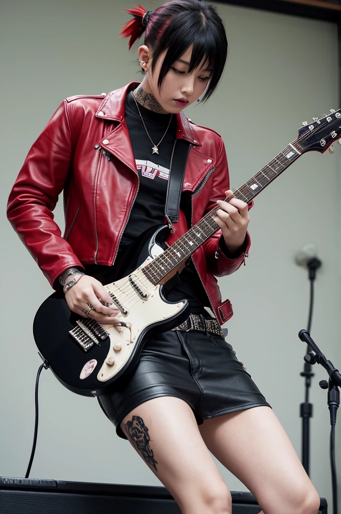 Japanese young beautiful girl idol、Playing guitar、Red Mohawk、Skin-revealing punk fashion、Leather jacket with studs、Guitar between his legs、Full body tattoos、