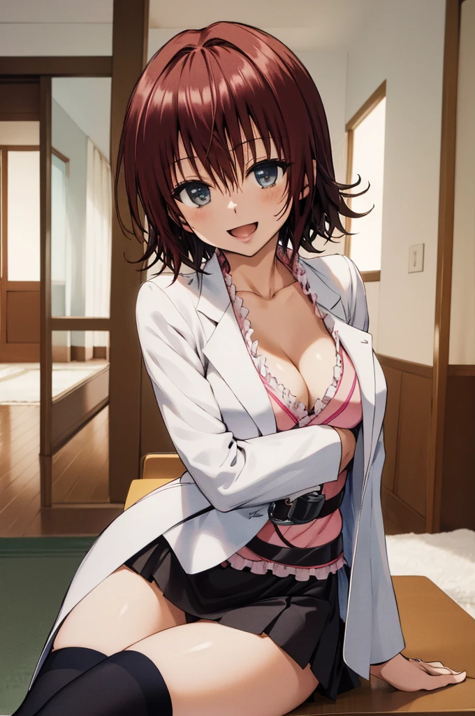 masterpiece, best quality, highres, aaryouko, short hair, cleavage, pink shirt, labcoat, belt, miniskirt, black skirt, black thighhighs, indoors, sitting, chair, smile, open mouth,