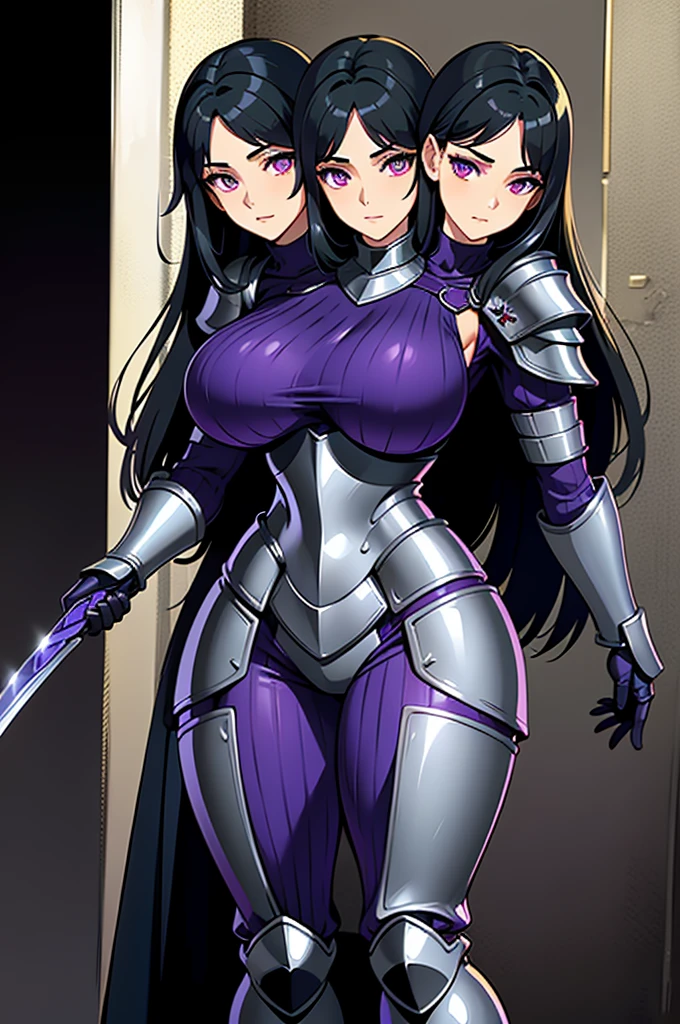 best quality, (masterpiece),(ultra-detailed), (high quality), (high resolution), (2heads:1.5) Gal, black hair, large breasts, thighs, silver paladin armor, female paladin, fully armored, medieval outfit, dark violet eyes, sword, armored chest piece, gorgeous female paladin, Guild Clothes with Armor, fully armored