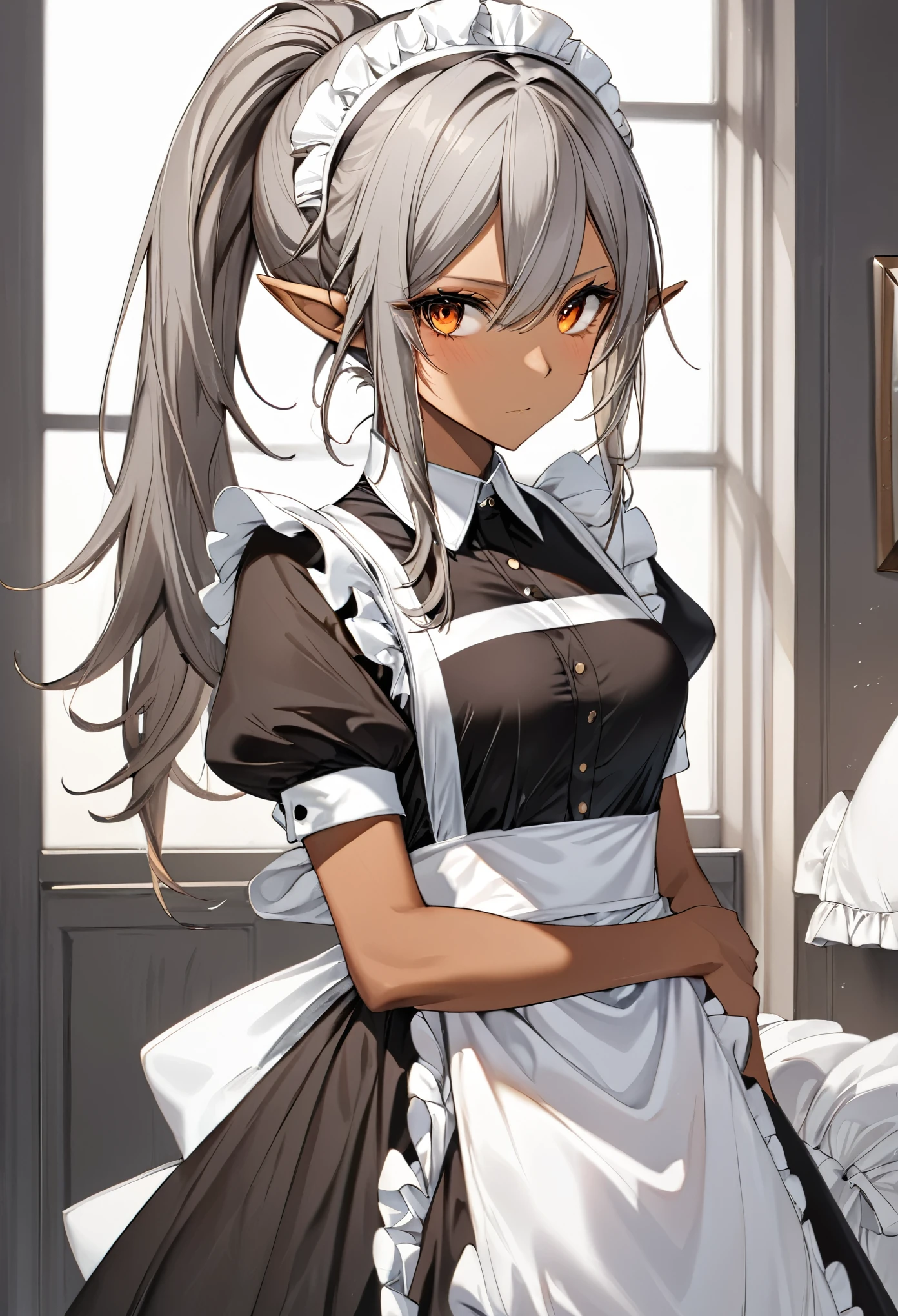 orange eyes,,((brown skin,dark elf,))grey hair,1lady,high ponytail, ,pointy ears,elf,,masterpiece, highres, solo, (maid:1.40), (long maid dress:1.15), anime_style, 14
