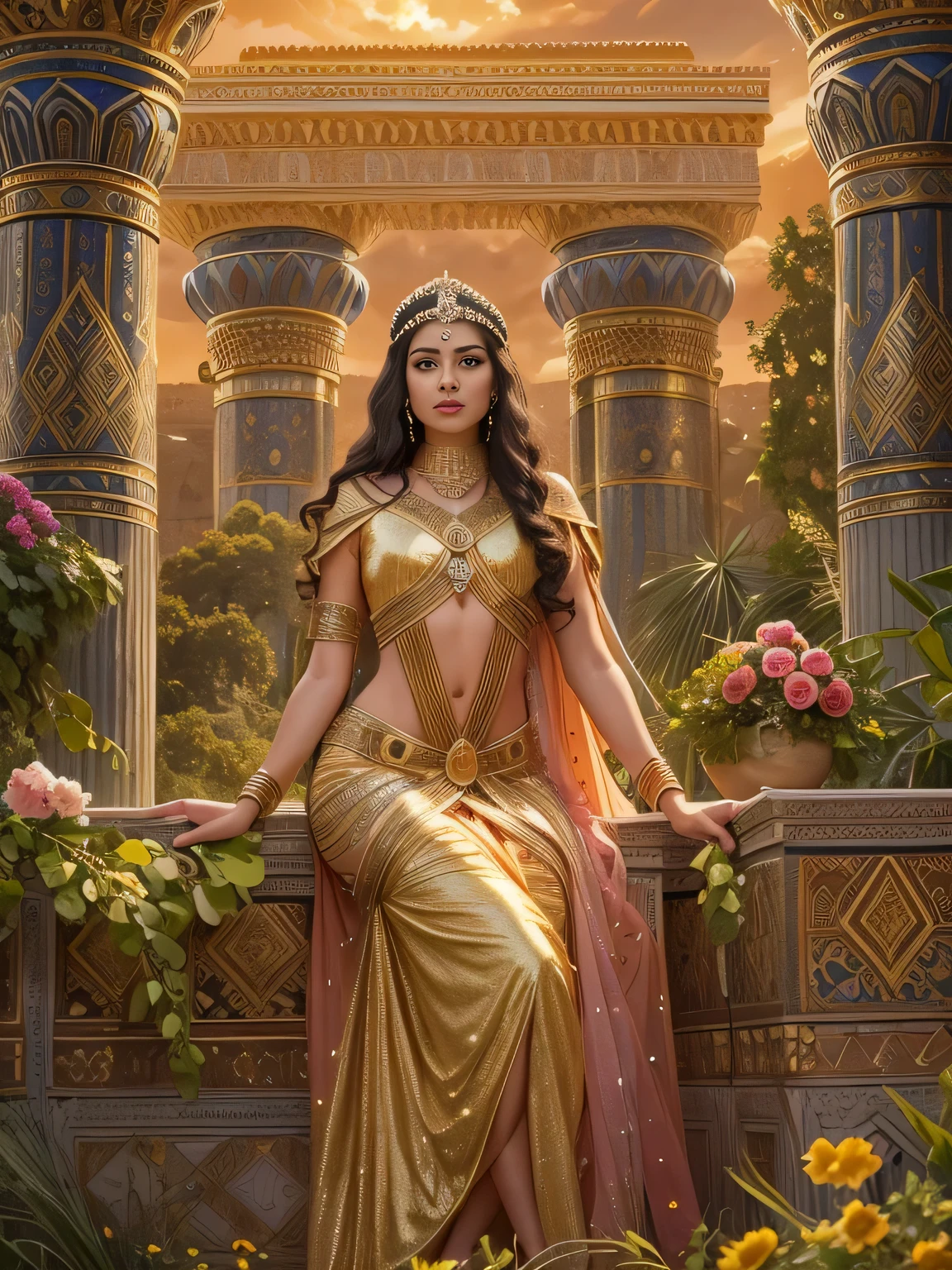 work of art, imagine a highly detailed and vibrant illustration of Queen Amytis of Babylon, a bela filha do rei medo ciaxares e esposa do grande rei Bucodonosor II, around 580 to.c.. she is 20 years old, slim and slim body, Beautiful and highly detailed Indo-Iranian face, highly-detailed eyes, She is wearing a light Babylonian evening dress, Queen Amytis is pictured looking out over the legendary Hanging Gardens of Babylon, one of the Seven Wonders of the Ancient World, at sunrise. She&#39;s on an ornate porch, luxury dress, flowing robes adorned with intricate patterns and precious jewels. Her regal posture and serene expression reflect her royal status and grace.. The scene captures the exuberant, terraced gardens filled with a variety of exotic plants, flowers, and trees, cascading multi-level structure. Complex architectural elements, such as stone columns and water features, like waterfalls and streams, are illuminated by the golden tones of the rising sun.. The sky is clean, with vibrant dawn colors – pink, Oranges, and gold - enhancing the majestic and serene atmosphere. The backdrop includes glimpses of the city&#39;s majestic walls and other iconic Babylonian structures., bathed in the soft, warm early morning light. The entire scene reflects the grandeur and splendor of the Neo-Babylonian Empire, with Queen Amytis overlooking the stunning beauty of the Hanging Gardens, 16K, ultra high resolution.photorrealistic, ultra HD, cru, dslr, wide angle, Morning lighting