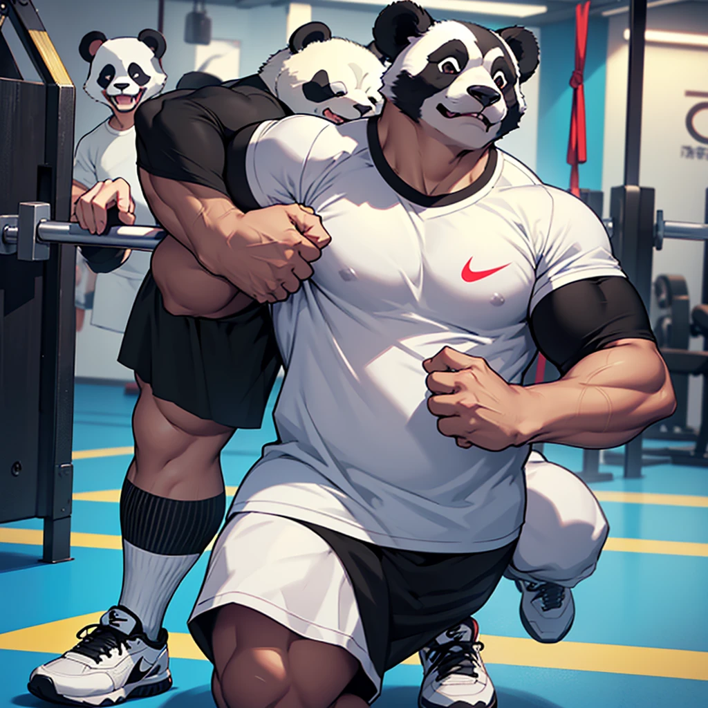 Fat panda is working out in a gym. This panda is wearing a sports outfit that includes a t-shirt and shorts. The upper half of the dress is black and the lower half is white. Panda shoes are also white and black and are Nike brand. This picture shows an obese panda working out with motivation at the gym, looking stylish and athletic..