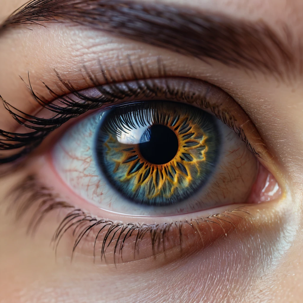a highly detailed and realistic close-up photograph of an eye, extremely sharp focus, vivid colors, stunning clarity, intricate iris patterns, beautiful eyelashes, realistic lighting and shadows, photorealistic quality, 8k resolution