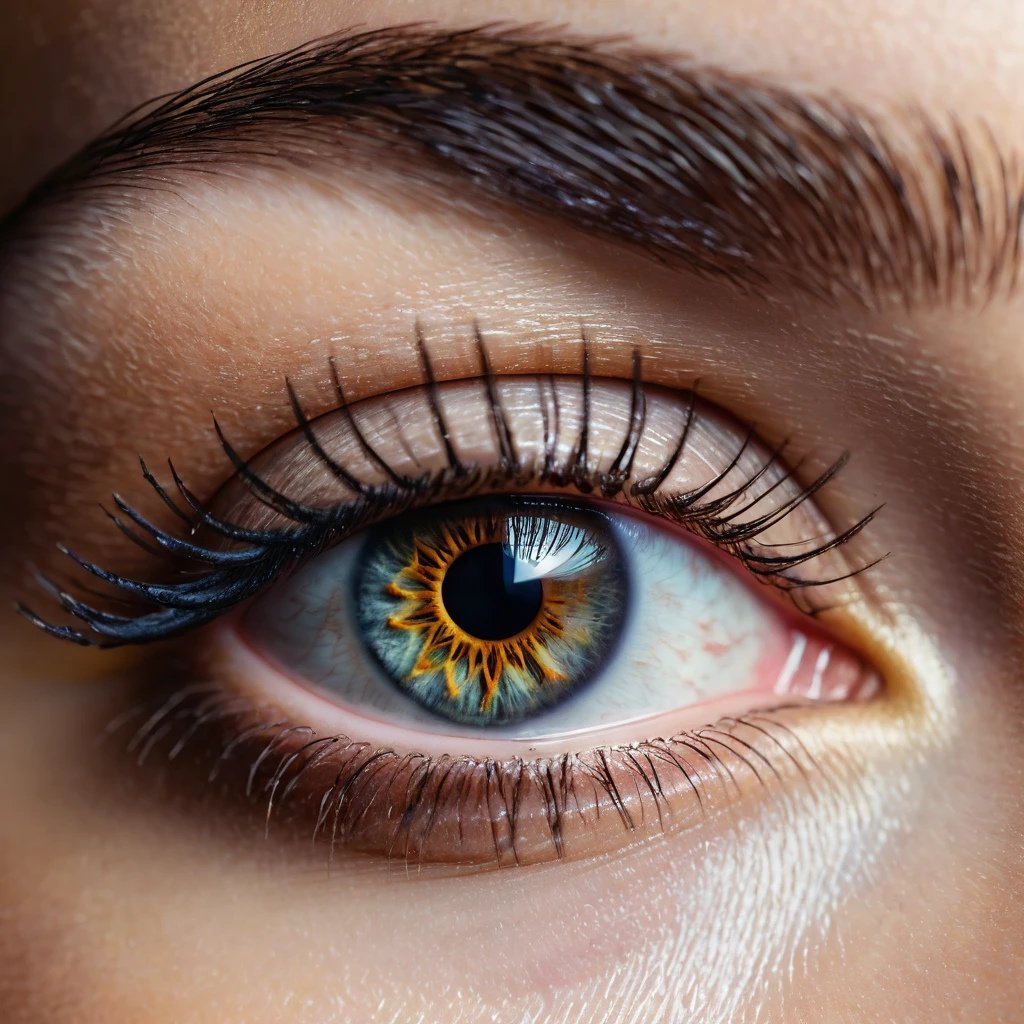 a highly detailed and realistic close-up photograph of an eye, extremely sharp focus, vivid colors, stunning clarity, intricate iris patterns, beautiful eyelashes, realistic lighting and shadows, photorealistic quality, 8k resolution