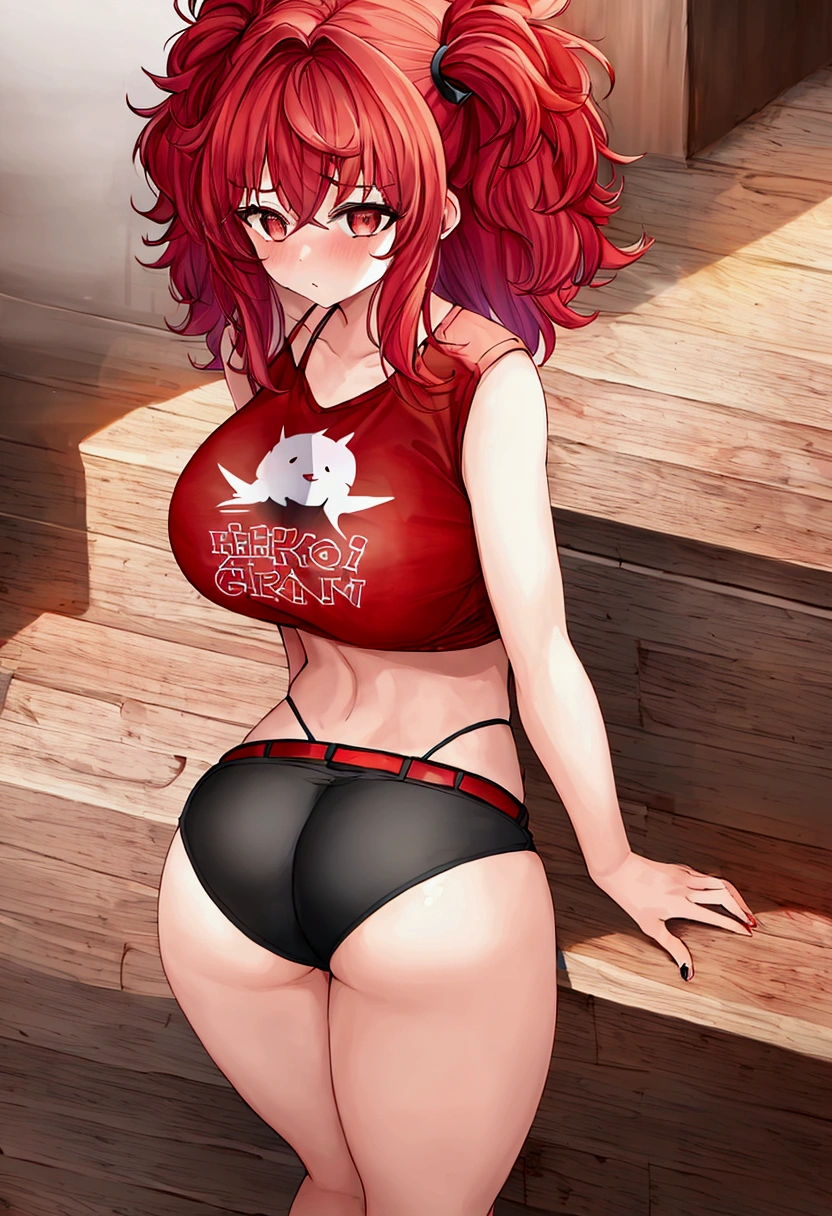 1 girl, short, redheadwear, big hair that reaches the ass and straight, big brown eyes, big-ass, smallbreast, wearing very short shorts and a shirt that reaches the chest with Harl written on it.(best 4k quality, vivid colors)