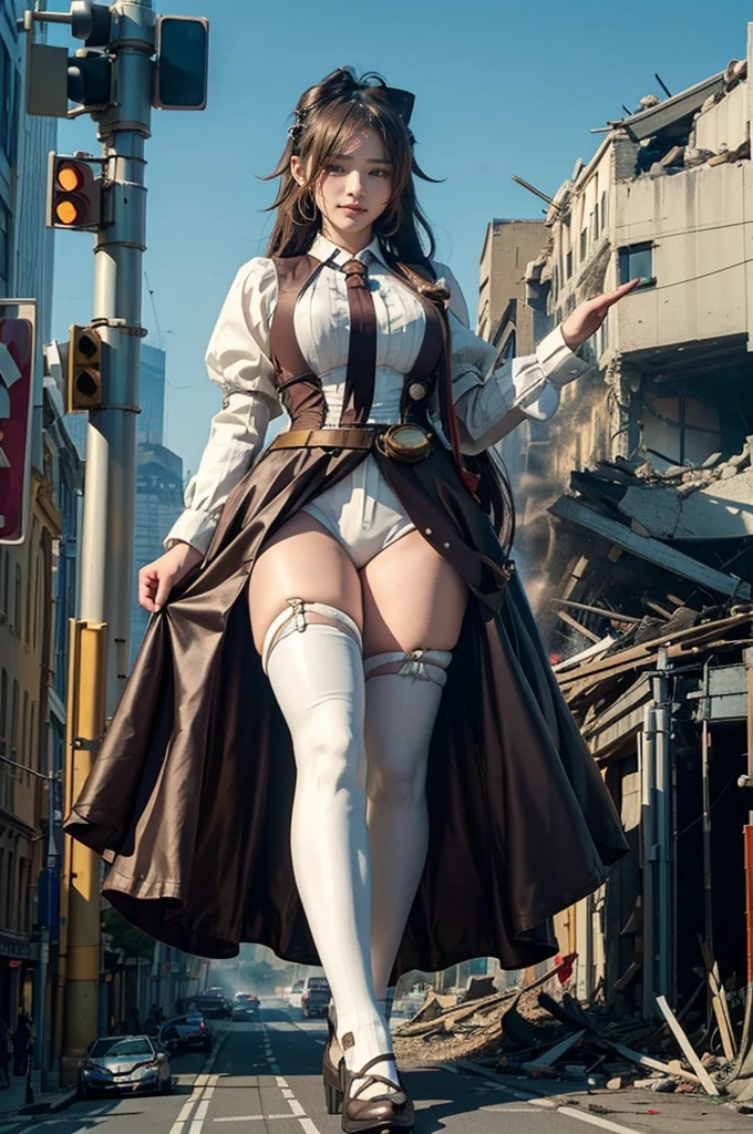 looking at the camera、steampunk、Standing on top of a ruined building、Big building explosion、The building collapses、Urban hustle and bustle、Traffic jam、City of Rubble、street tree、Car and bus、truck、taxi、City boulevard、Pedestrian bridge、Streetcar route((((Azur Lane Cheshire Cosplay))))、Frilled maid outfit、((Super huge breasts))、((Plump thighs))、Ground View,City of Giants,500 foot tall giant girl,skyscraper,Has super long legs,Step into the crowd,There are many people on the street,Knee-high socks,A happy look,Standing on the ruins,Beautiful appearance,Exquisite makeup,quality,8K,高quality,Perfect Proportions, Cinema Lighting,Film Grain,The Colors of Fuji,8K,Textured skin,Super Detail,High detail,high quality,High resolution,explode,False Smile、Reaching out