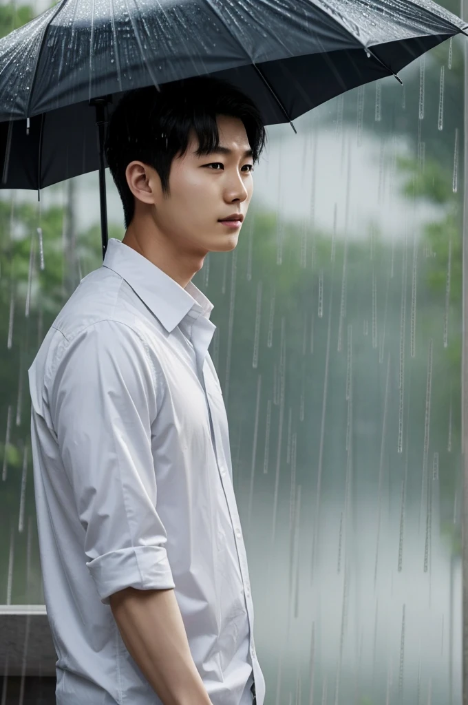 You could create Hamin Lee from webtoon as wallpaper while he looks at the rain and next to him a girl with white skin and dark brown hair, thin who admires him