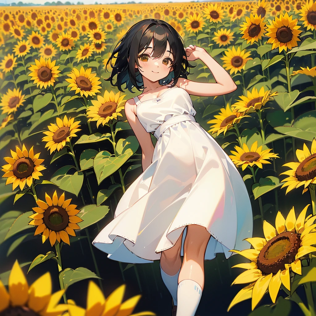 (high quality, High resolution, Very detailed, reality:1.37), Peaceful atmosphere, (Sunflower field), Teenage girl standing alone, (my breasts are big.), Beautiful details, Cute Smile, (Black bob hair), White camisole dress, White socks, loafers.