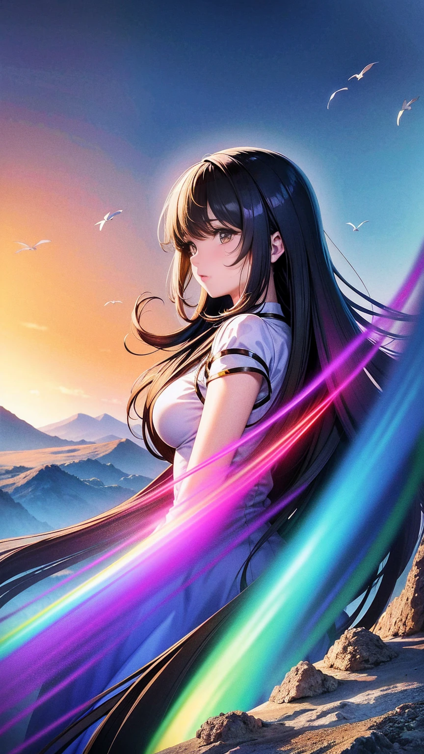 anime-style illustration, a young female apparition from afar, overlooks the vast expanse of clear blue sky and underneath a large valley mountain, flower colorful color blue red green purple yellow, fantasy world medieval, rocks, tree branches, fallen leaves, birds, The scene is depicted in a highly saturated and vibrant style, intense and rich COLORS VIVID, strong exaggerated colors, , dramatic lighting, epic, majestic, awe-inspiring, mystical, ethereal, The sky above is clear blue sky, The atmosphere is full of magical color films, High Detail.