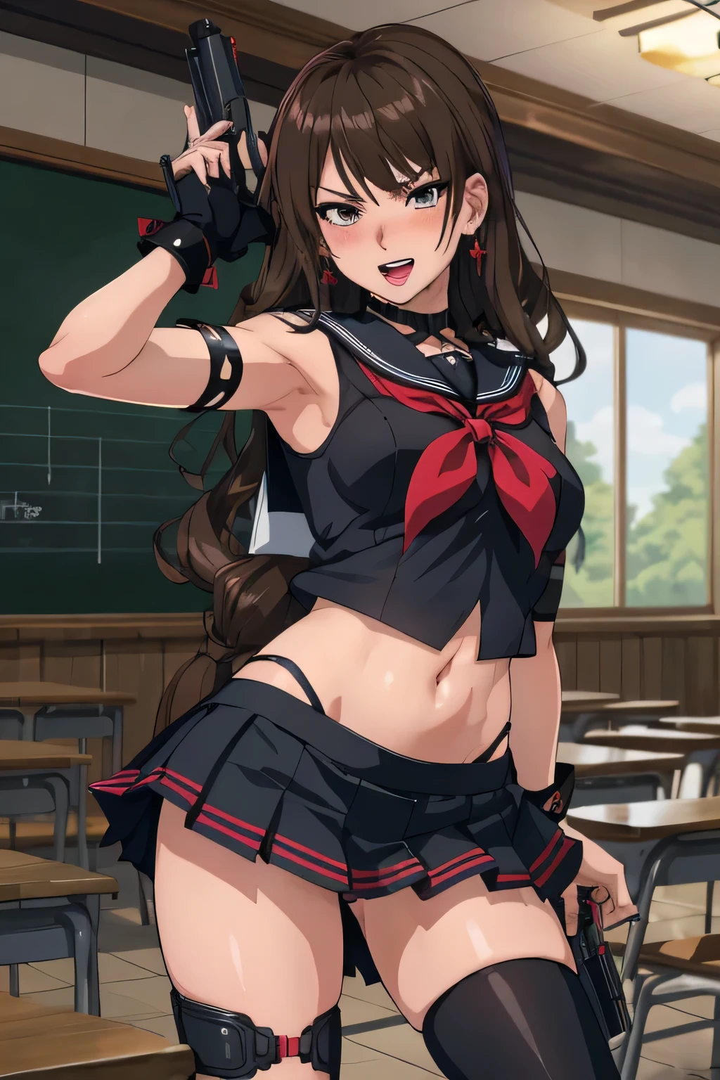 monica, long hair, blush, lipstick, jewelry, earrings, tattoo, Hot girl, baddie, staring, glaring, bad attitude, mean girl, dare, angry, hate, crazy, smoking, sensual, attractive,s , blush, lipstick, masterpiece, best quality, highly detailed, a anime girls in sailor uniforms with a gun posing for a picture,
evil smile, smile, open mouth,black_serafuku, ecchi anime style, anime girls , (nsfw) not safe for work,
ecchi style, ecchi, shipgirls, digital anime art!!, high school girls, holding a gun, hold a gun, anime style 4
k, micro skirt, exposed belly, exposed navel, exposed midriff,
exposed lower belly,school, classroom