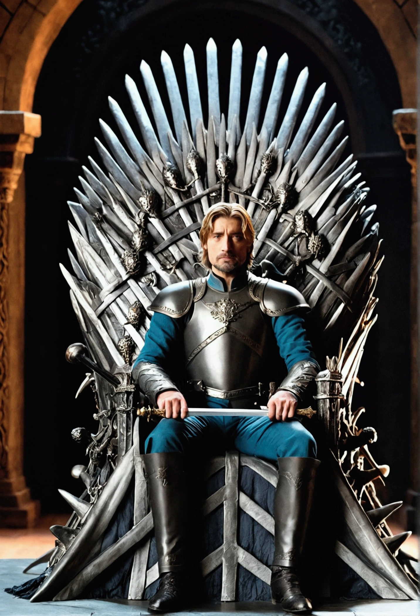 A young Jaime Lannister sitting on the Iron Throne while holding his sword. Below the throne is the corpse of king Aerys Targaryen