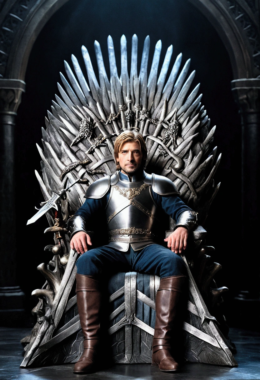 A young Jaime Lannister sitting on the Iron Throne while holding his sword. Below the throne is the  of king Aerys Targaryen